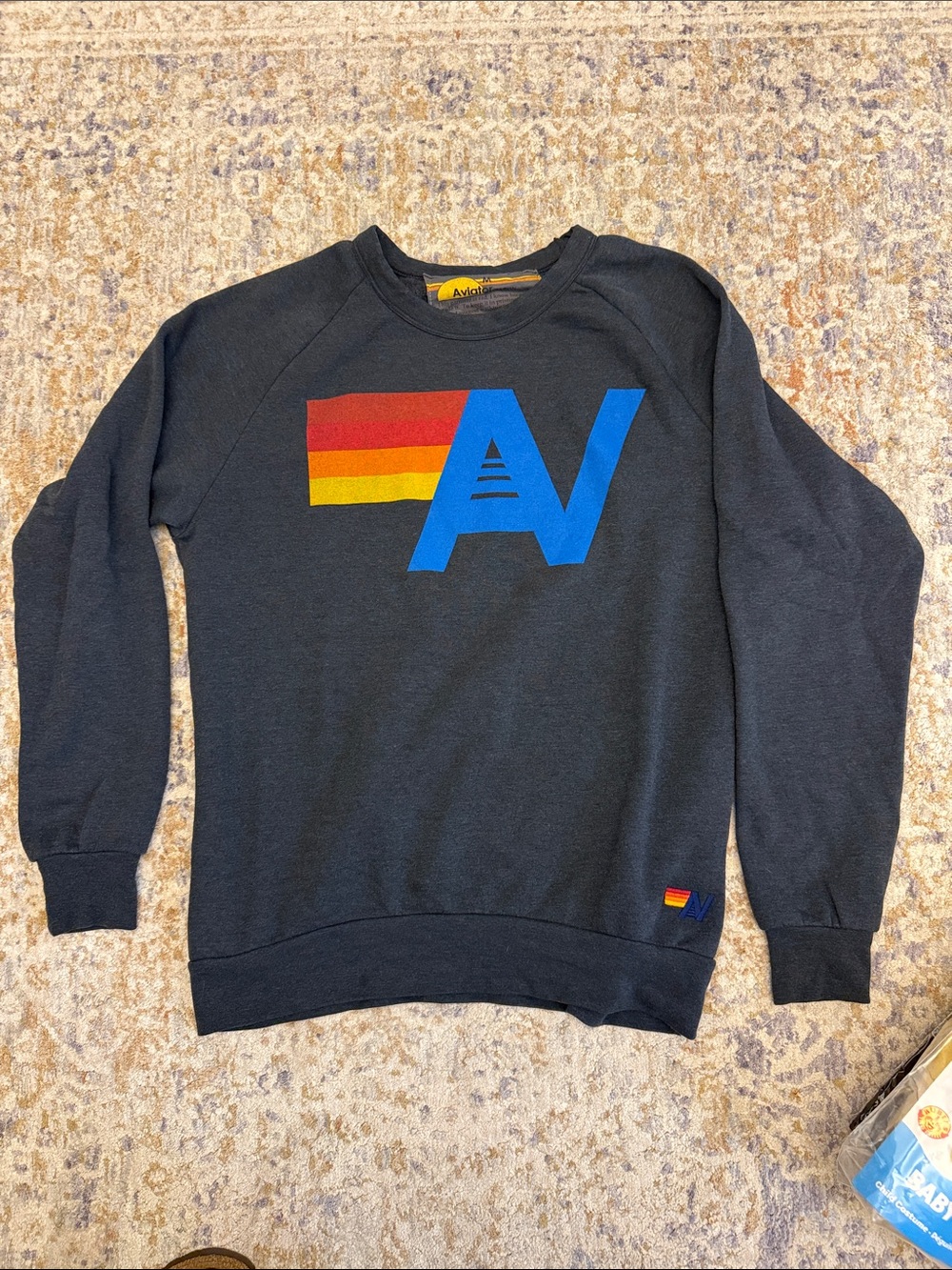 Aviator Nation Black Crewneck with Blue 'AV' and Red-Orange-Yellow Stripes